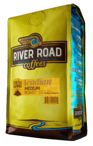 ground coffee bag with acadian coffee roast label in yellow