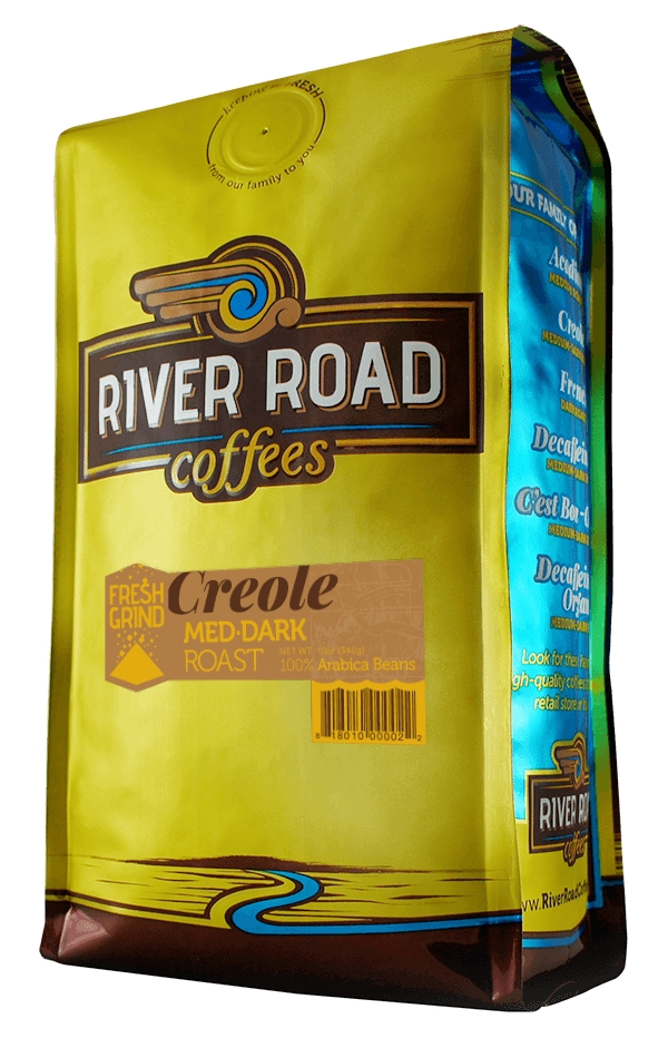 gold coffee bag with blue sides. Logo reads River Road Coffees and includes label reading Creole roast