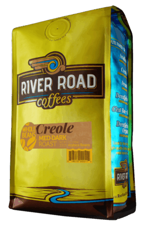gold back of coffee with brown label reading Creole Roast
