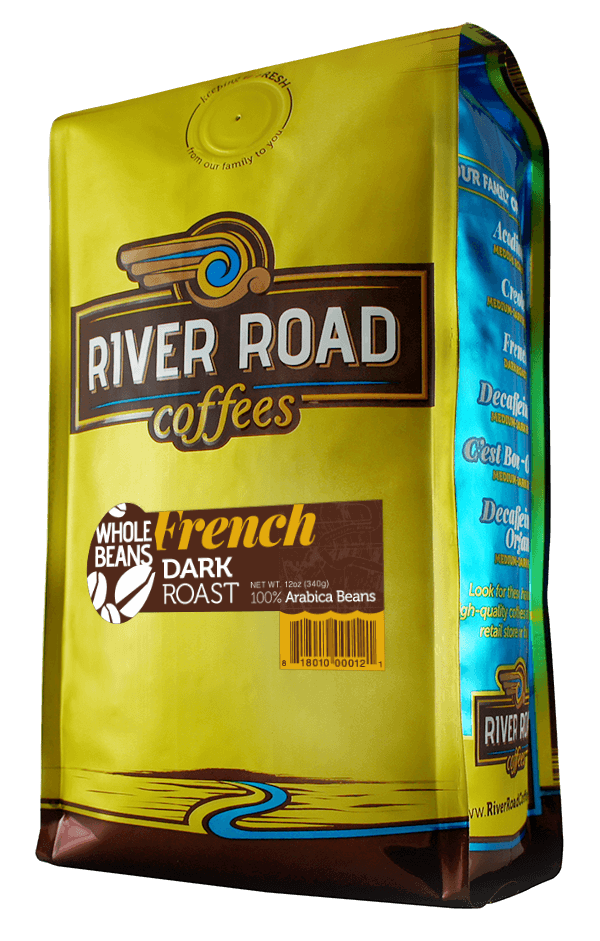 gold bag of coffee with french roast label
